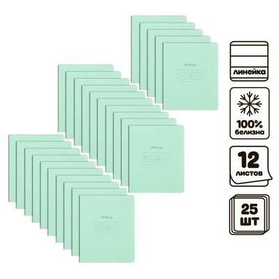 Комплект тетрадей из 25 штук, 12 листов в линию КФОБ "Зелёная обложка", с алфавитом, 60 г/м2, блок офсет, белизна 100%