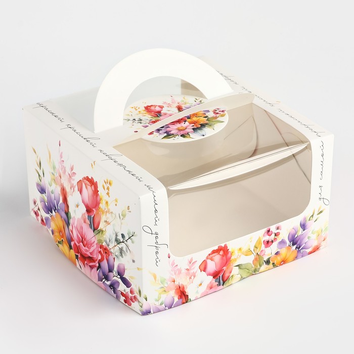 Коробка под бенто-торт с окном «Нежные цветы», 14 х 14 х 8 см