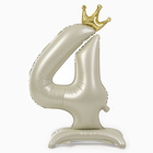 Шар фольгированный 42" «Цифра 4 с короной» на подставке, цвет взбитые сливки - Фото 1