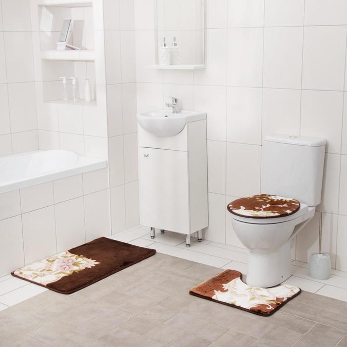 Набор ковриков для ванной и туалета «Цветы», 3 шт: 50×80, 50×50, 41×45 см, цвет коричневый - Фото 1