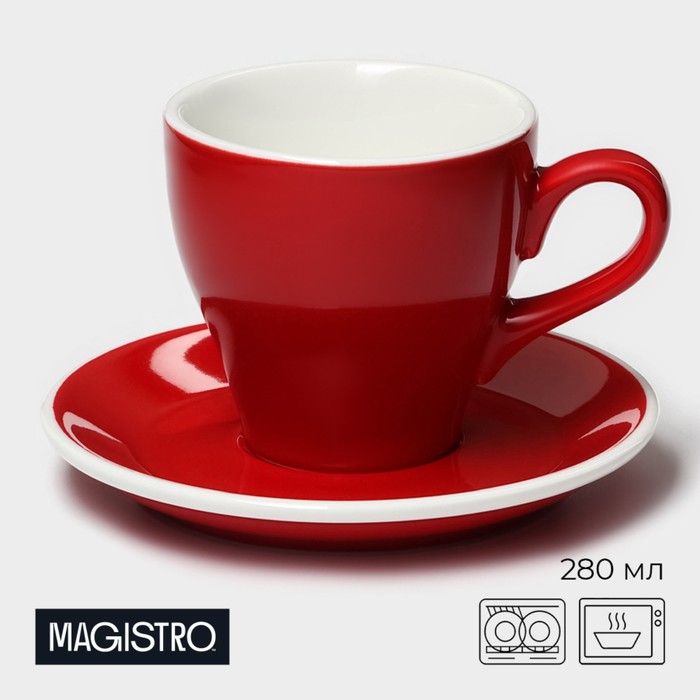 Кофейная пара фарфоровая Magistro Coffee time, 2 предмета: чашка 280 мл, блюдце d=15,5 см, цвет красный