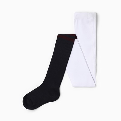 Колготки детские, цвет белый-синий, бордовые полоски, рост 128-134 см