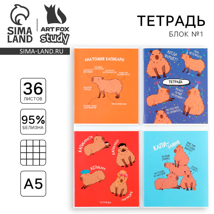 Тетрадь в клетку, 36 л., А5, на скрепке, блок №1 «Капибара» МИКС - Фото 1