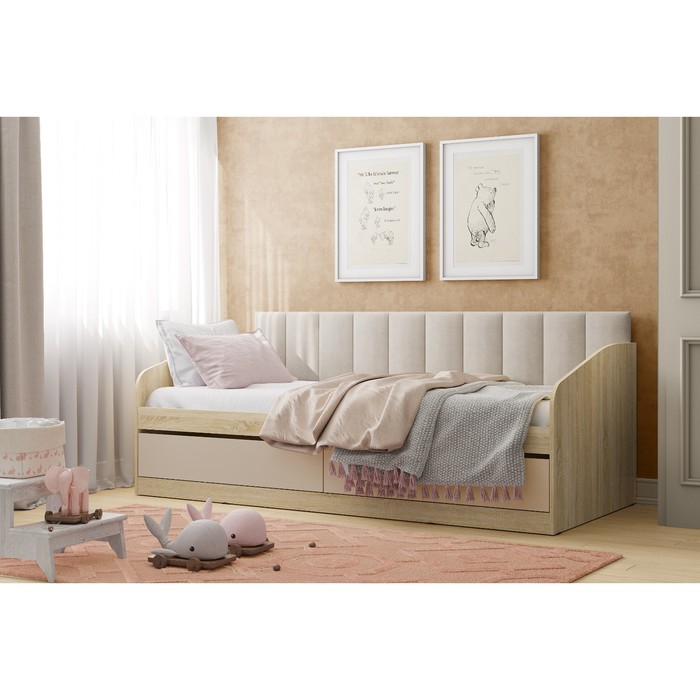 Кровать односпальная «Акварель», с мягкой спинкой «Бали», 900×2000 мм, цвет капучино/дуб сонома - Фото 1