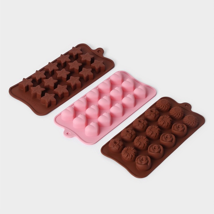 Набор форм для конфет и шоколада Доляна «Сердечки. Звездочки. Цветы», 3 шт, силикон - Фото 1