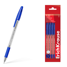 Набор ручек шариковых 4 штуки ErichKrause R-301 Stick & Grip "Classic", узел 1.0 мм, синие, с резиновым держателем, европодвес