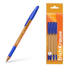 Набор ручек шариковых 4 штуки ErichKrause R-301 Stick & Grip "Amber", узел 0.7 мм, синие, с резиновым держателем, европодвес