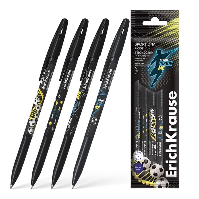 

Набор ручек шариковых 4 штуки ErichKrause R-301 Stick & Grip "Sport DNA", узел 0.7 мм, синие, с резиновым держателем, европодвес