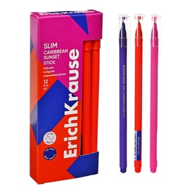 Ручка шариковая ErichKrause Slim Stick "Caribbean Sunset", игольчатый узел 0.7 мм, синяя, тонкий дизайн Soft Touch, микс