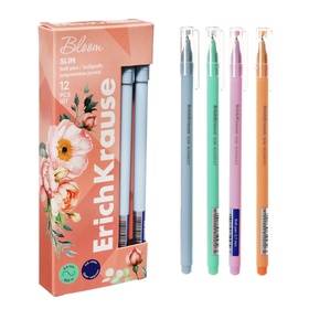 Ручка шариковая ErichKrause Slim Stick "Pastel Bloom", игольчатый узел 0.7 мм, синяя, тонкий дизайн Soft Touch, микс