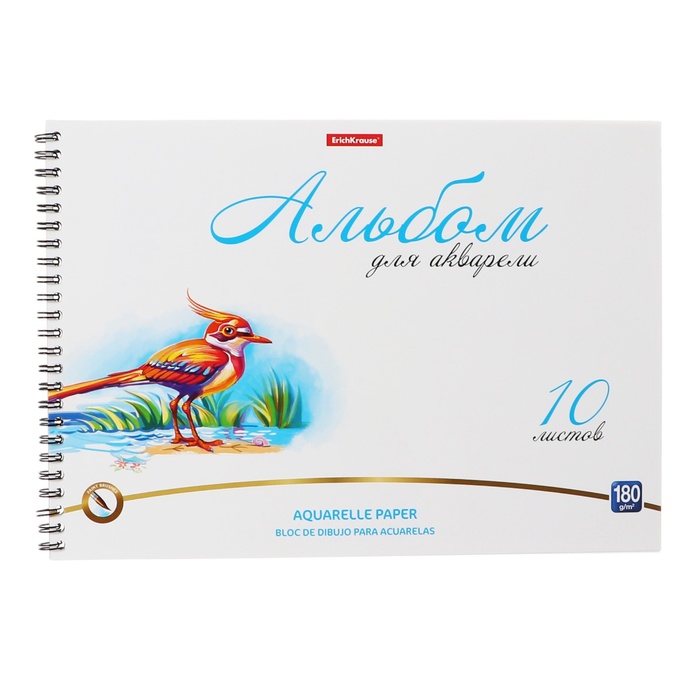 Альбом для акварели А4, 10 листов на спирали, Erich Krause Birds, блок 180 г/м², экстра белая, перфорация для отрыва, твердая подложка - Фото 1