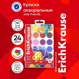 Акварель 24 цвета ErichKrause "Jolly Friends", медовые, УФ-фильтр, матовые насыщенные цвета, пластиковая коробка с европодвесом 10657487