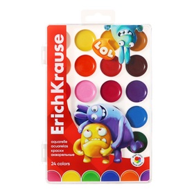 Акварель 24 цвета ErichKrause "Jolly Friends", матовые насыщенные цвета, пластиковая коробка с европодвесом
