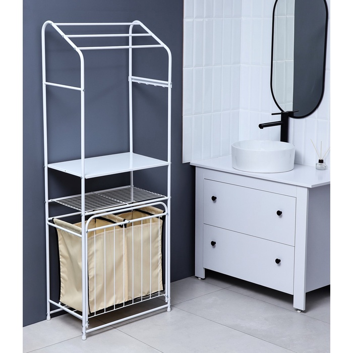 Стеллаж с двойной корзиной для белья и перекладинами, 2-х ярусный, 60×35×160 см, белый - Фото 1