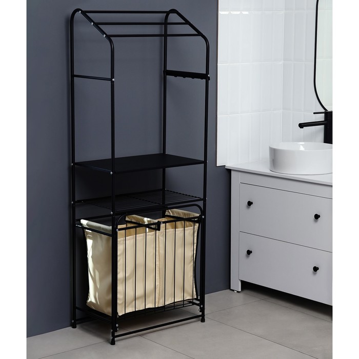 Стеллаж с двойной корзиной для белья и перекладинами, 2-х ярусный, 60×35×160 см, чёрный - Фото 1