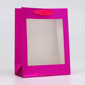Пакет голография с окном, "Розовый", S 23,5 х18 х 8,5 см