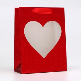 Пакет голография с окном "Сердце", "Красный", S 23,5 х18 х 8,5 см