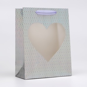 Пакет голография с окном "Сердце", "Серебряный" S 23,5 х18 х 8,5 см