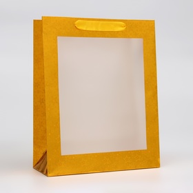 Пакет голография с окном, "Золотой", M 32 х 25,5 х 11 см