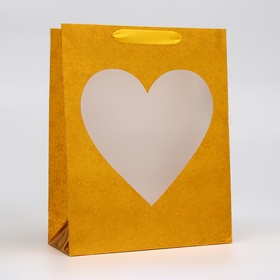 Пакет голография с окном "Сердце", "Золотой", M 32 х 25,5 х 11 см