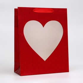 Пакет голография с окном "Сердце", "Красный", M 32 х 25,5 х 11 см