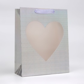 Пакет голография с окном "Сердце", "Серебряный", M 32 х 25,5 х 11 см