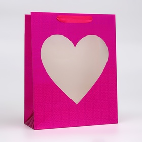 Пакет голография с окном "Сердце", "Розовый", S M 32 х 25,5 х 11 см