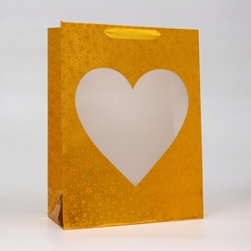 Пакет голография с окном "Сердце", "Золотой", L 40 х 30 х 13 см