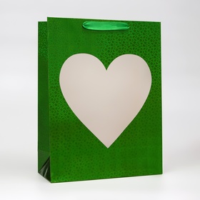 Пакет голография с окном "Сердце", "Зеленый",  L 40 х 30 х 13 см