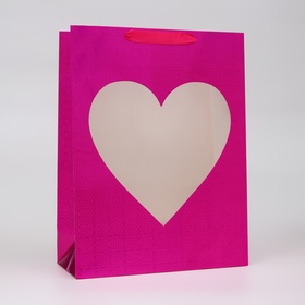 Пакет голография с окном "Сердце", "Розовый", L 40 х 30 х 13 см