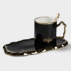 УЦЕНКА Чайная пара керамическая «Роскошь», 3 предмета: кружка 250 мл, блюдце 23.5×13 см, ложка, цвет чёрный - Фото 2