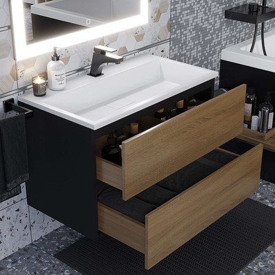 Тумба подвесная Uperwood, с раковиной Uperwood Barsa, 80, цвет белый/чёрный/дуб сонома