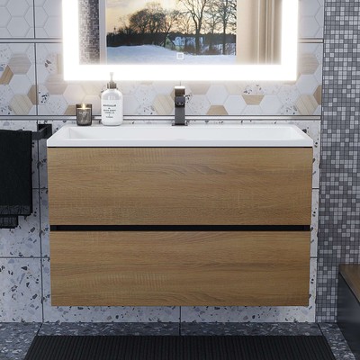 Тумба подвесная Uperwood, с раковиной Uperwood Barsa, 80, цвет белый/чёрный/дуб сонома