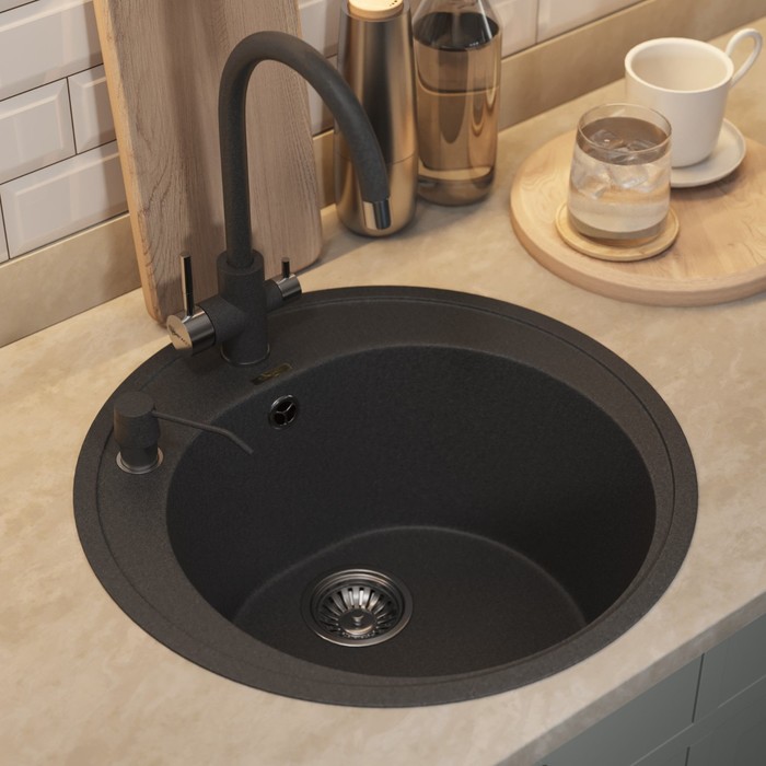 Кухонная мойка кварцевая Uperwood Quartz UPD-01, круглая, цвет 04 черная - Фото 1
