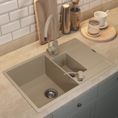 Кухонная мойка кварцевая Uperwood Quartz UPD-05, прямоугольная двухсекционная, цвет 02 беж