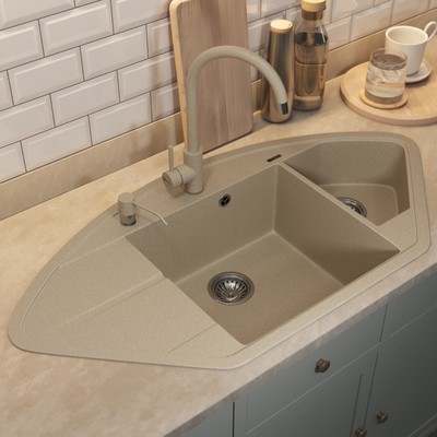 Кухонная мойка кварцевая Uperwood Quartz UPd=06, угловая двухсекционная, цвет 02 бежевая