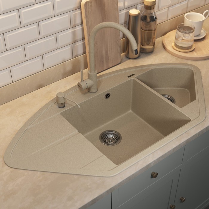 Кухонная мойка кварцевая Uperwood Quartz UPd=06, угловая двухсекционная, цвет 02 бежевая - Фото 1