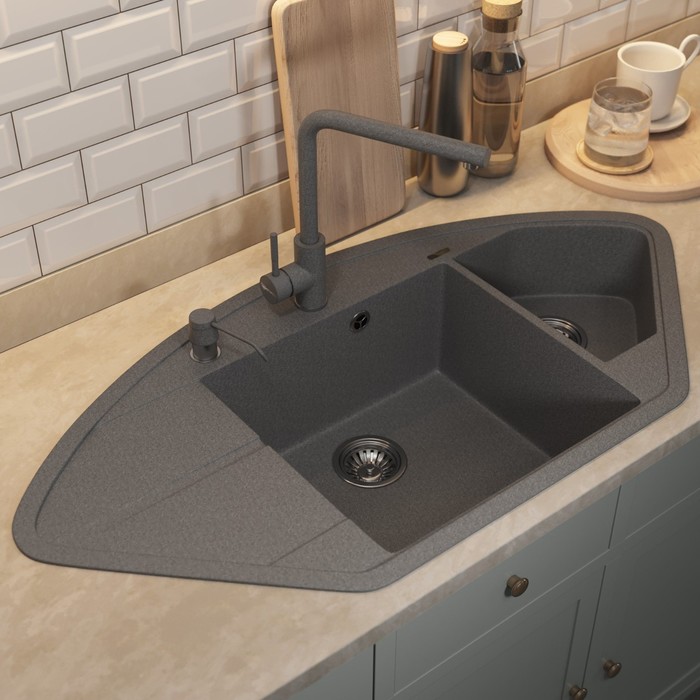 Кухонная мойка кварцевая Uperwood Quartz UPD-06, угловая двухсекционная, цвет 03 серая - Фото 1