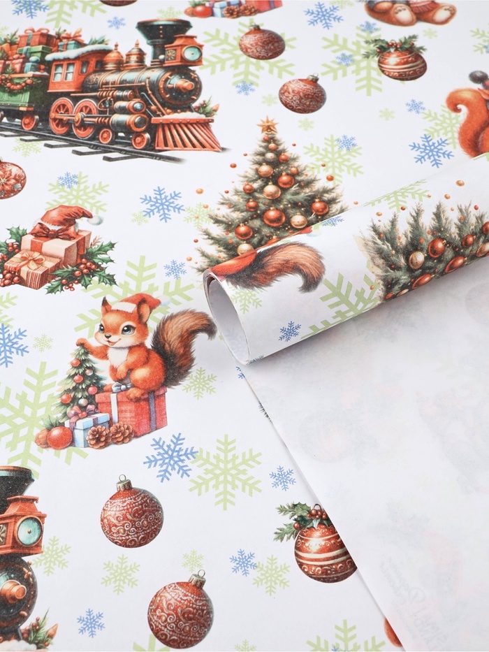 Бумага упаковочная новогодняя «Паровоз подарков», белый крафт, 1 лист, 80 г/м², 72×100 см - Фото 1
