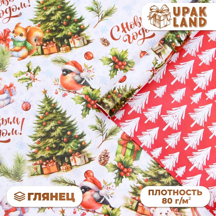 Бумага упаковочная новогодняя «Белый медвежонок», глянцевая, двусторонняя, 80 г/м², 50×70 см - Фото 1