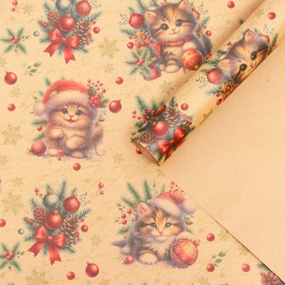 Бумага упаковочная новогодняя «Котик», бурый крафт, 80 г/м², 50×70 см