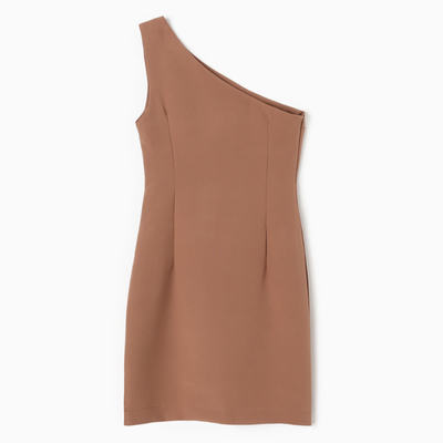 Платье мини женское на одно плечо MINAKU: Casual Collection, коричневое, размер 48