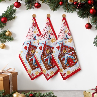 Набор новогодних полотенец «Доляна» Пряничный домик 35×60 см-3штуки, 100% хлопок, вафельное полотно 162 г/м²