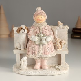 Сувенир полистоун "Девушка с подарочком и пёсиком на скамье" 13х8х14 см