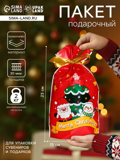 Пакет полиэтиленовый подарочный новогодний, с завязками «Рождественская встреча», 15×23 см