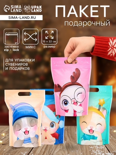 Пакет подарочный новогодний, с zip-lock застежкой, «Зимние котята», 15×22 см
