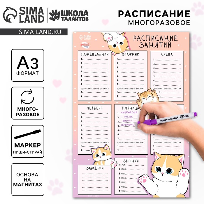 

Магнитное расписание уроков многоразовое «Забавные котики», А3, с маркером
