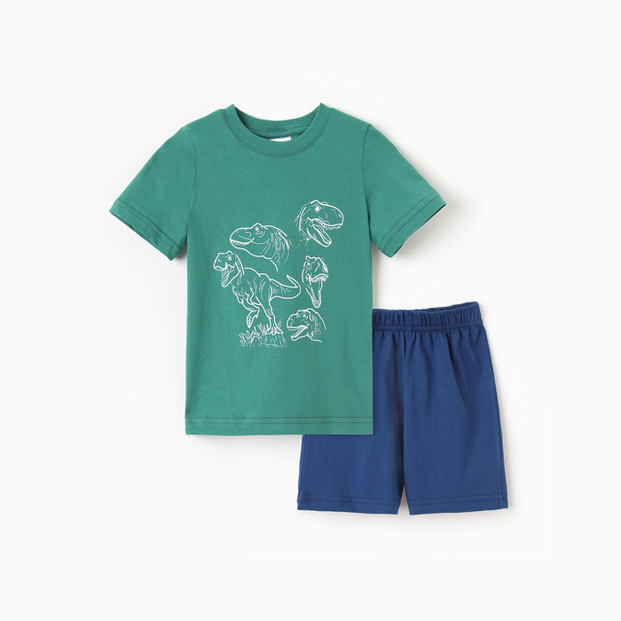 Комплект для мальчика "Динозавры" (футболка/шорты), цвет темно-зелёный/синий, рост 104-110 см - Фото 1