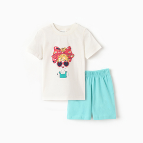 Комплект для девочки "Девочка" (футболка/шорты), цвет молочный/бирюзовый, рост 104-110 см