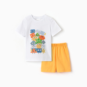 Комплект для мальчика "Геометрические фигуры" (футболка/шорты), цвет белый/оранжевый, рост 104-110 см